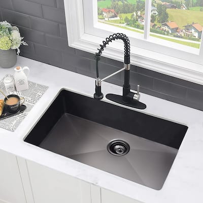 Black Stainless Steel Single Bowl Undermount Kitchen Sink With Sink Grid and Basket Strainer