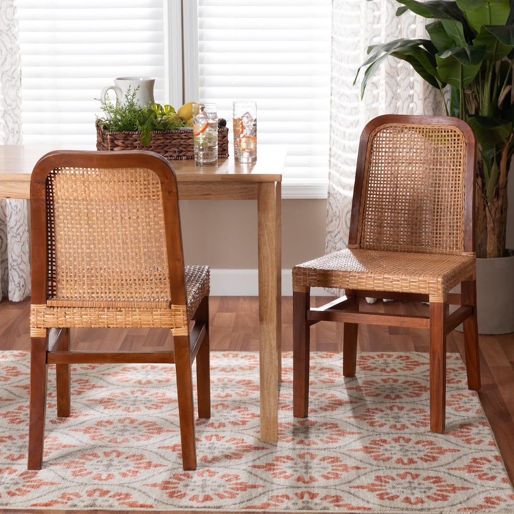 Caspia Mid-Century Mahogany Wood/ Natural Rattan 2-Piece Dining Chair Set