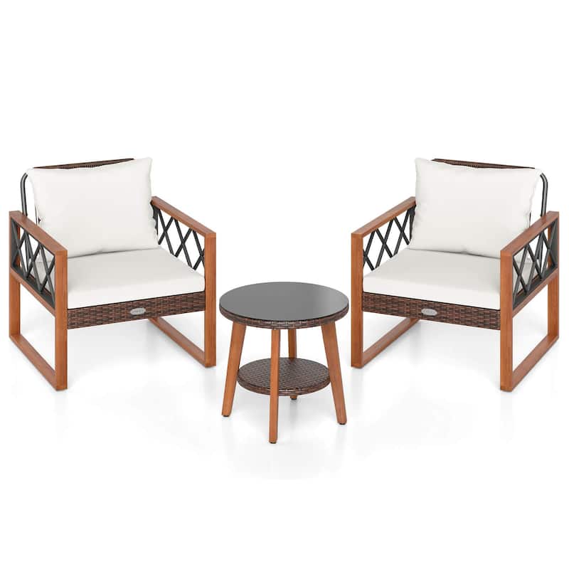 Costway 3 PCS Patio PE Wicker Furniture Set with Solid Acacia Wood - See Details