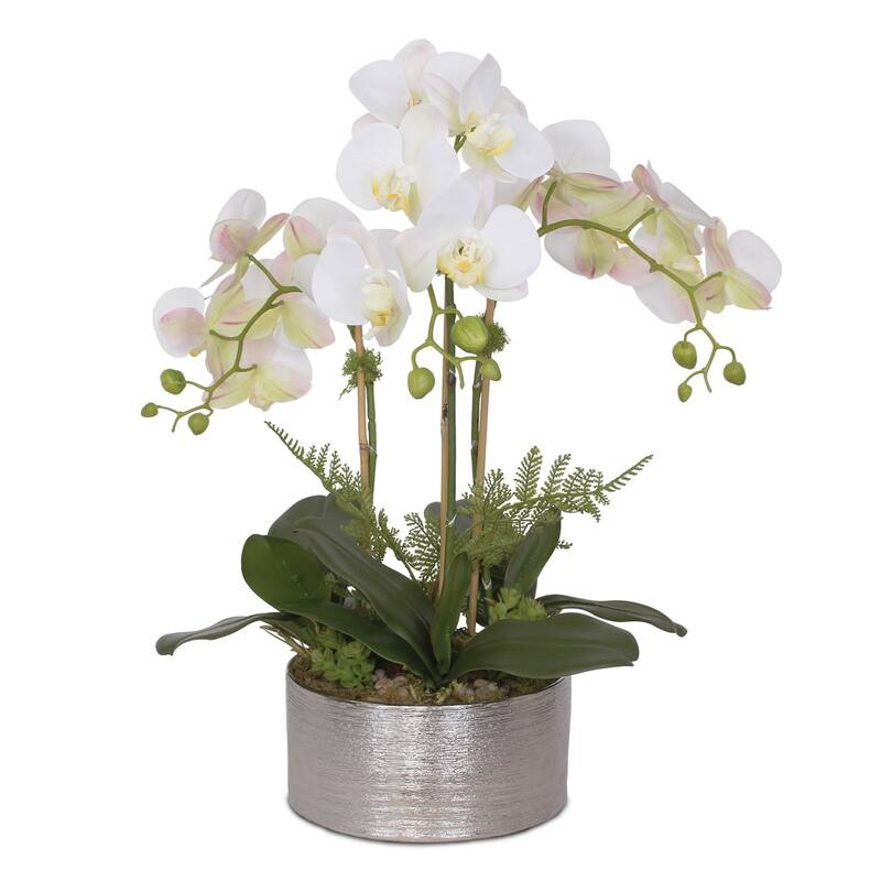 Real Touch White, Pink Green Orchid Arrangement in Round Silver Ceramic Pot - 18W x 18D x 18H