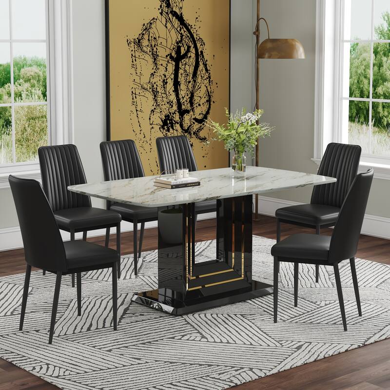 Modern Dining Table Set, 7-Piece Faux Marble Kitchen Table for 6-8, Glass Rectangular Dining Room Table with U-shaped Table Legs