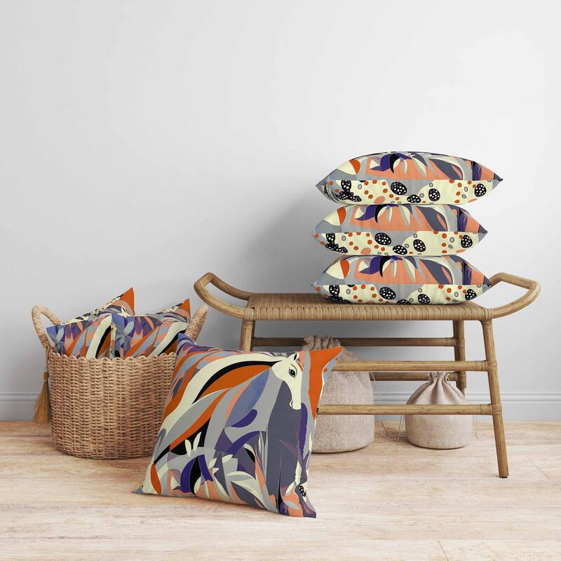 Mythical Horse Faux Suede Reversible Throw Pillow Orange and Blue