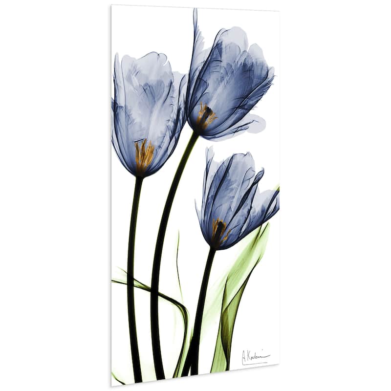 "Three Blue Tulips" Frameless Free Floating Tempered Glass Panel Graphic Wall Art