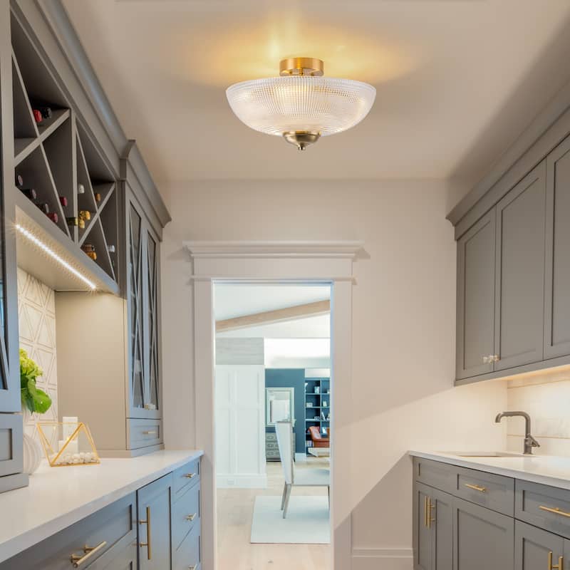 Industrial 3-Light Gold Semi Flush Mount Lights with Grid Textured Glass - Brass