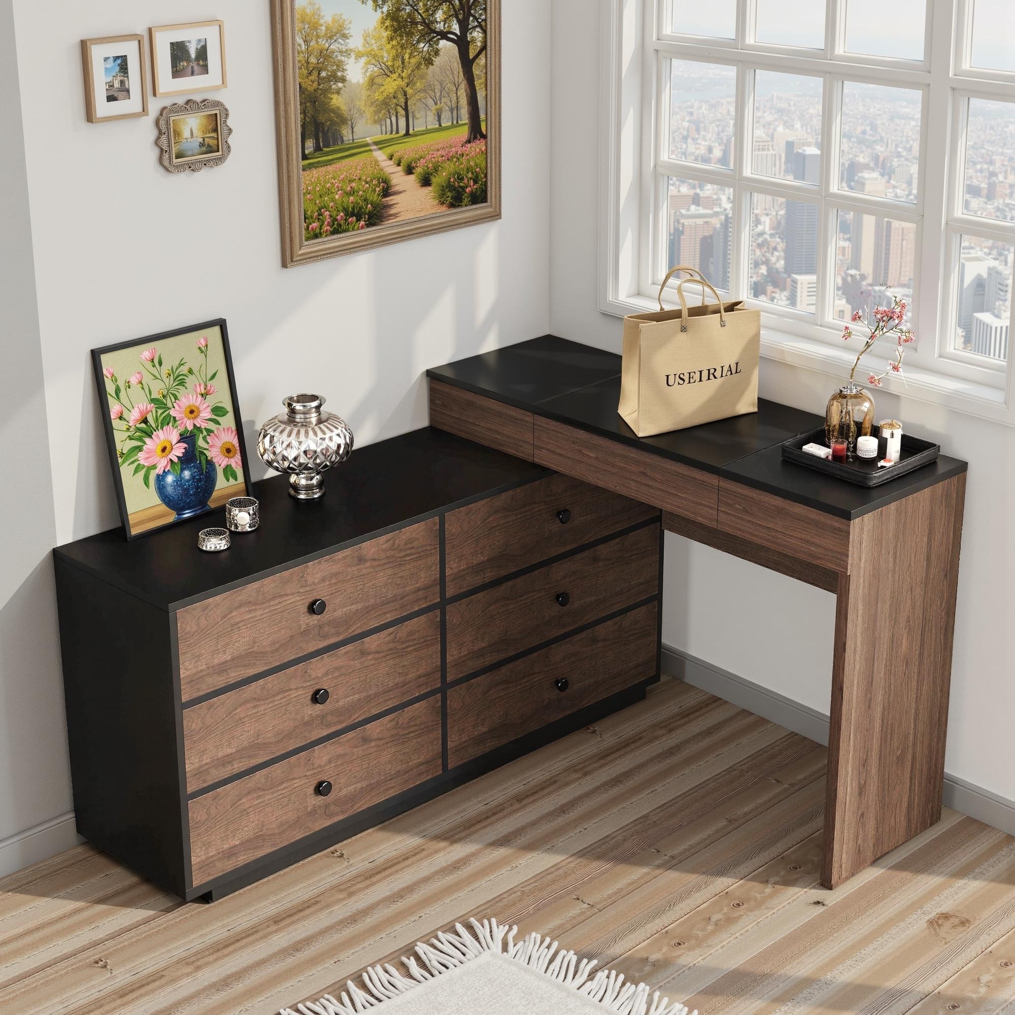 atascosa modern home office expandable dresser desk combo with drawers Orren Ellis Atascosa Extendable Desk Brown/White 29.52 x 19.68 x 97.63 in, Wood