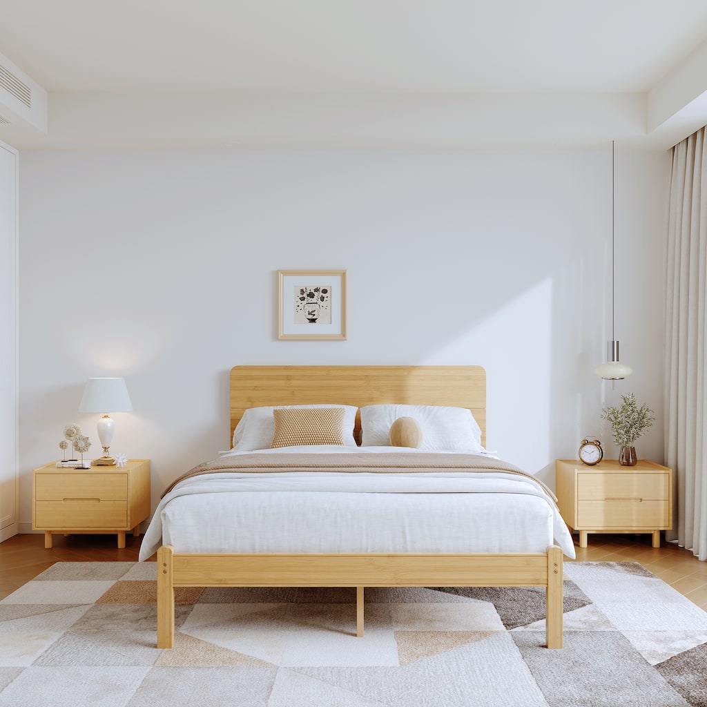 Solid Wood & Bamboo Bed Frame with Headboard and Metal Crossbar Support.