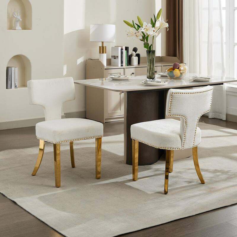 GDF Studio - Mid-Century Chenille Upholstered Dining Chairs with Curved Back & Golden Stainless Steel Legs, Set of 2 - Beige