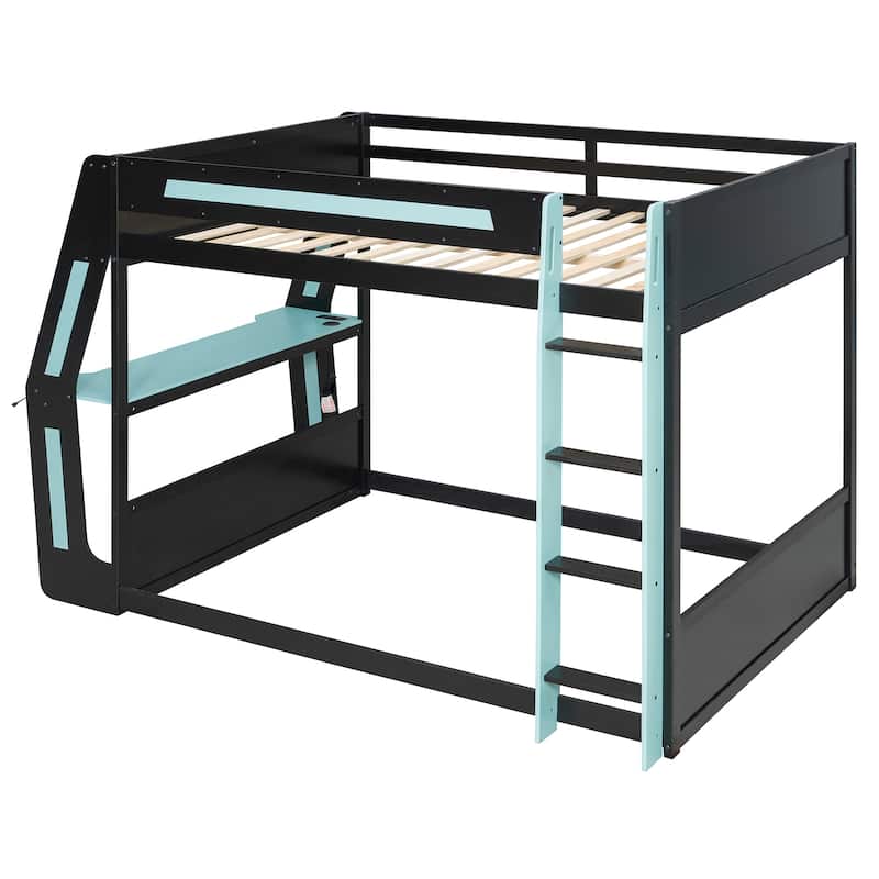 Esports Loft Bed Full Over Full Bunk Bed Frame with Side Mounted Desk, Light Strip, Charging Station and Cable Grommet