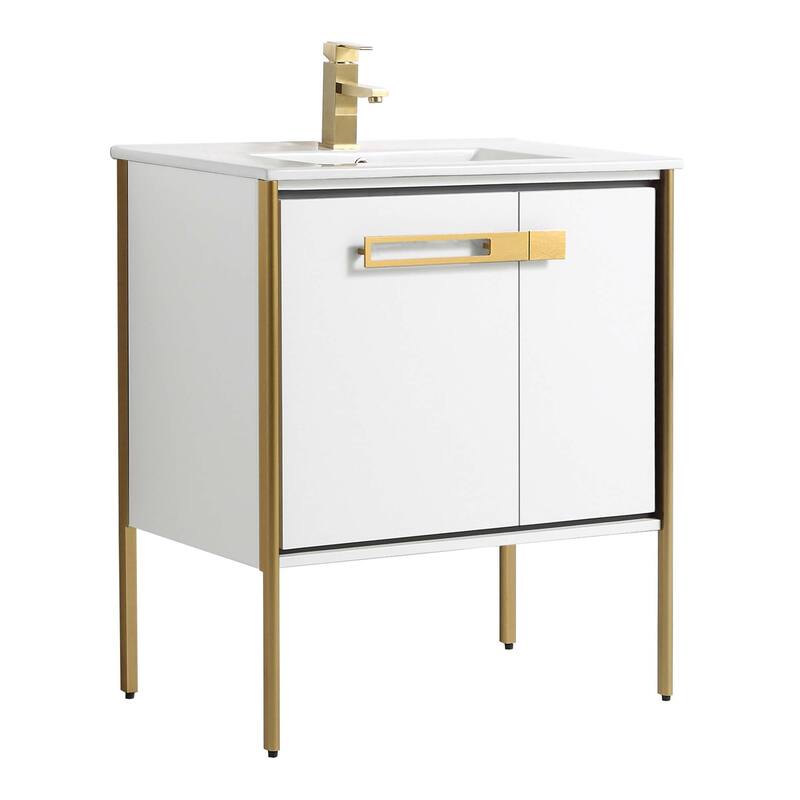 Fine Fixtures Oakville Bathroom Vanity with White Ceramic Sink - 30 Inch - White Matte - Satin Brass Hardware