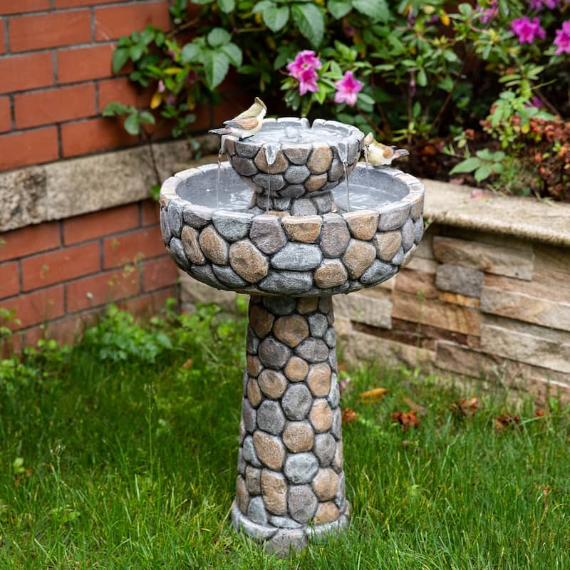 Glitzhome 24-inch Outdoor 2-tier Faux Pebbles Polyresin Birdbath Fountain with Pump