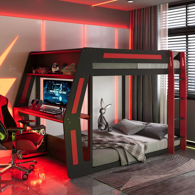 Roomfitters Full Size Gaming Bunk Bed with Oversized RGB Desk and USB Ports, Esports Loft