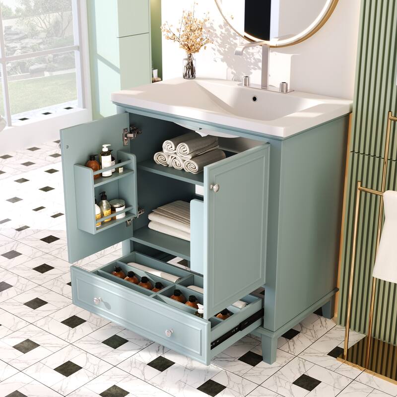 Bathroom Vanity with Ceramic Sink, Solid Wood & MDF Base, 1 Drawer & 2 Doors, Adjustable Shelf - 30in L Solid Wood+MDF