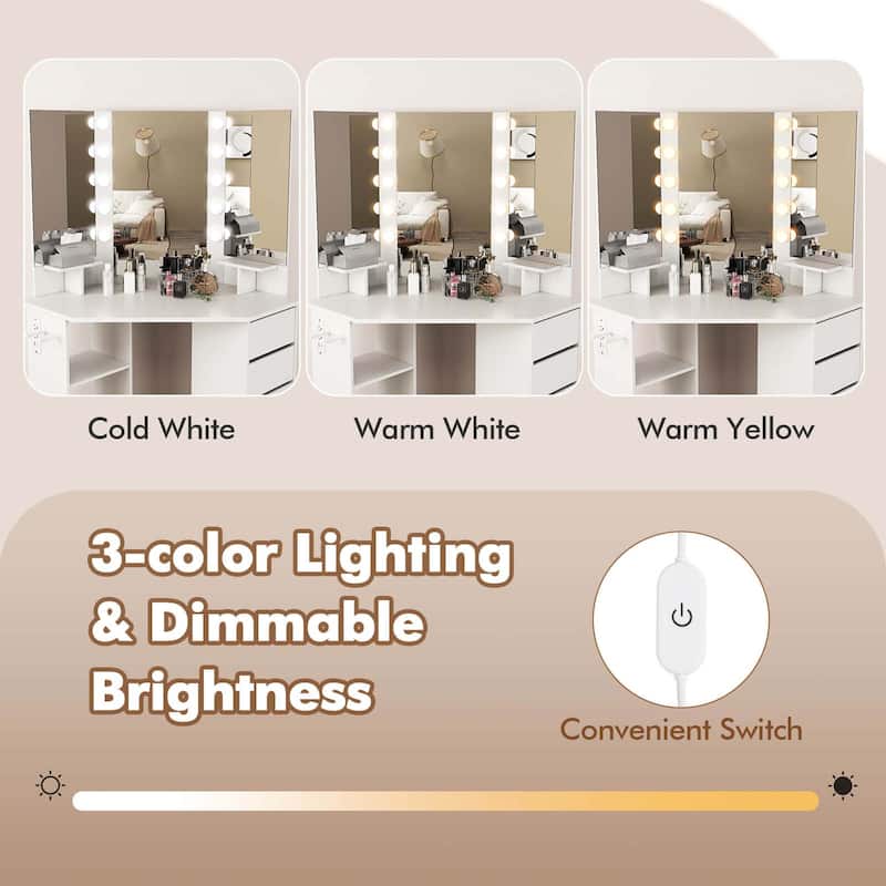 Costway Corner Vanity Desk Cosmetic Vanity Station with LED Mirror,& - See Details