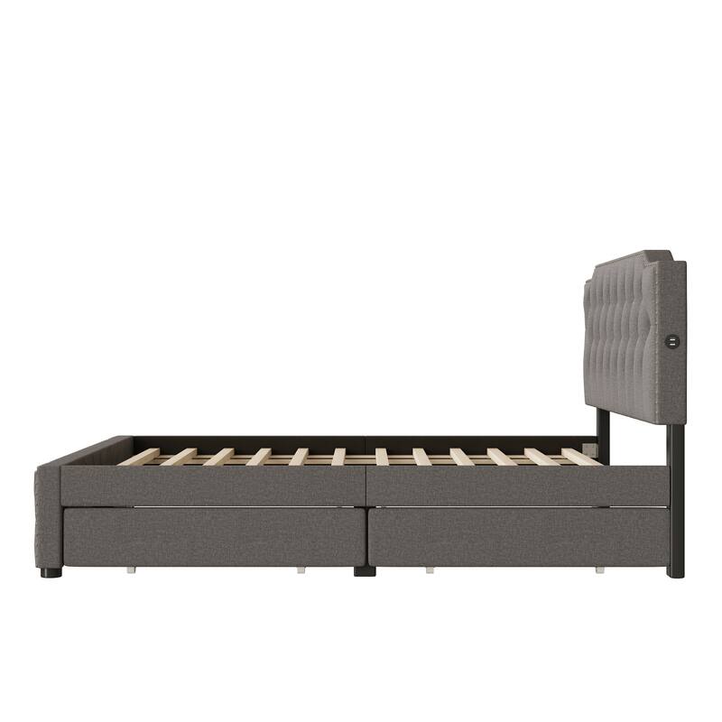 Queen Linen Upholstered Platform Bed with Tufted Headboard, 2 Drawers