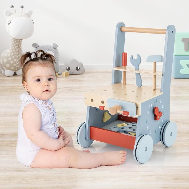 Baby Push Walker Wooden Toy Bench & Activity Walker w/Shape Sorter - Blue