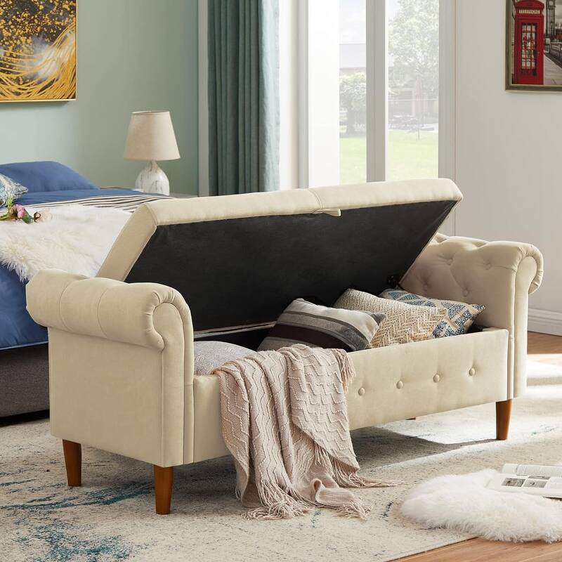 63" Linen Storage End of Bed, Multipurpose Rectangular Sofa Stool with 4 Rubber Wood Feet - 63×22.1×24.1inch