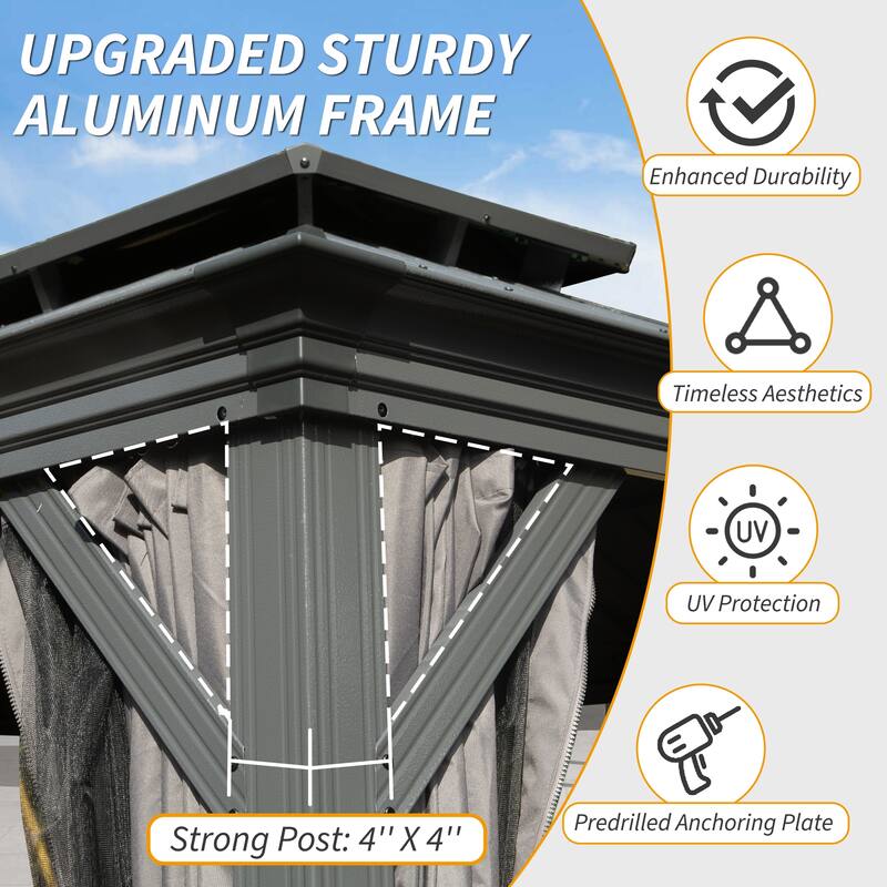 12' X 14' Hardtop Gazebo with Drainage System, Galvanized Steel Roof, Curtain and Netting, Outdoor Shelter for Patio, Garden