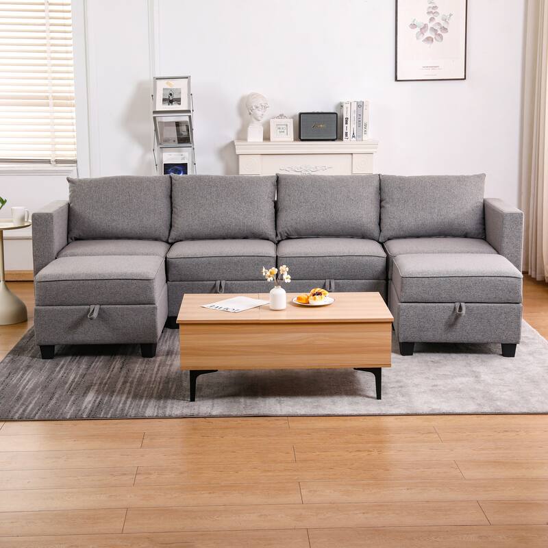 110.3" Burlap U-Shaped Modular Sectional Sofa with Sleeper & Storage