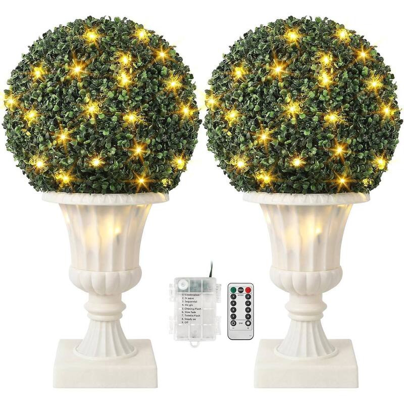 2 pcs Pre-Lit Artificial Plant Topiary Ball for Outdoor Indoor - 27 inch - Green with White Base