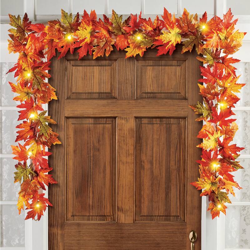 9-Ft Lighted Fall Maple Leaf Garland with Timer - 8" x 2.25" x 9.5"
