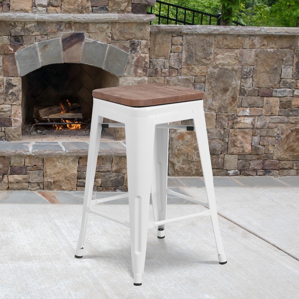 24" High Backless Metal Counter Height Stool with Square Wood Seat