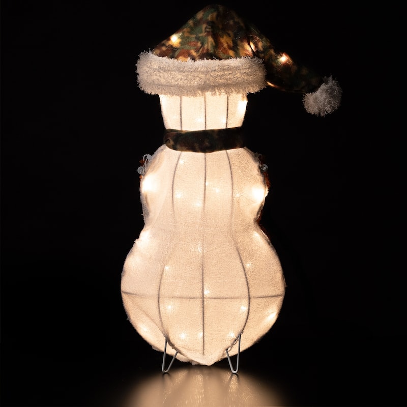 24" Lighted White Green Chenille Snowman Outdoor Christmas Decoration