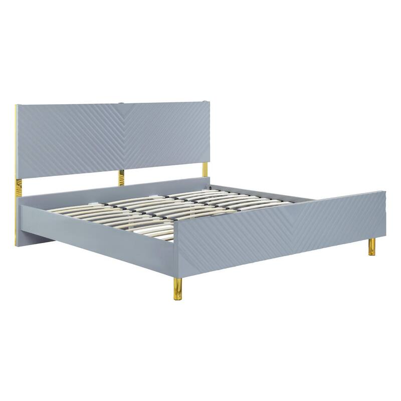 Tyra Modern Queen Bed, Panel Headboard, Textured Chevron, Slate Gray, Gold - Grey - Queen