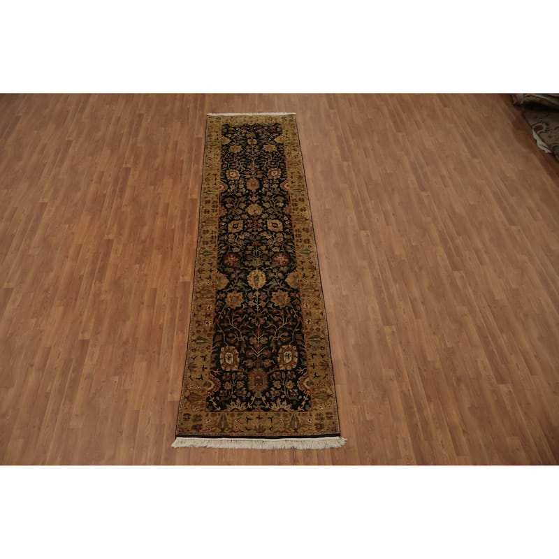 Hand Knotted Oriental 100% Wool Carpet Traditional All-Over Black Peshawar Runner Rug - 12' 1'' X 3' 3''
