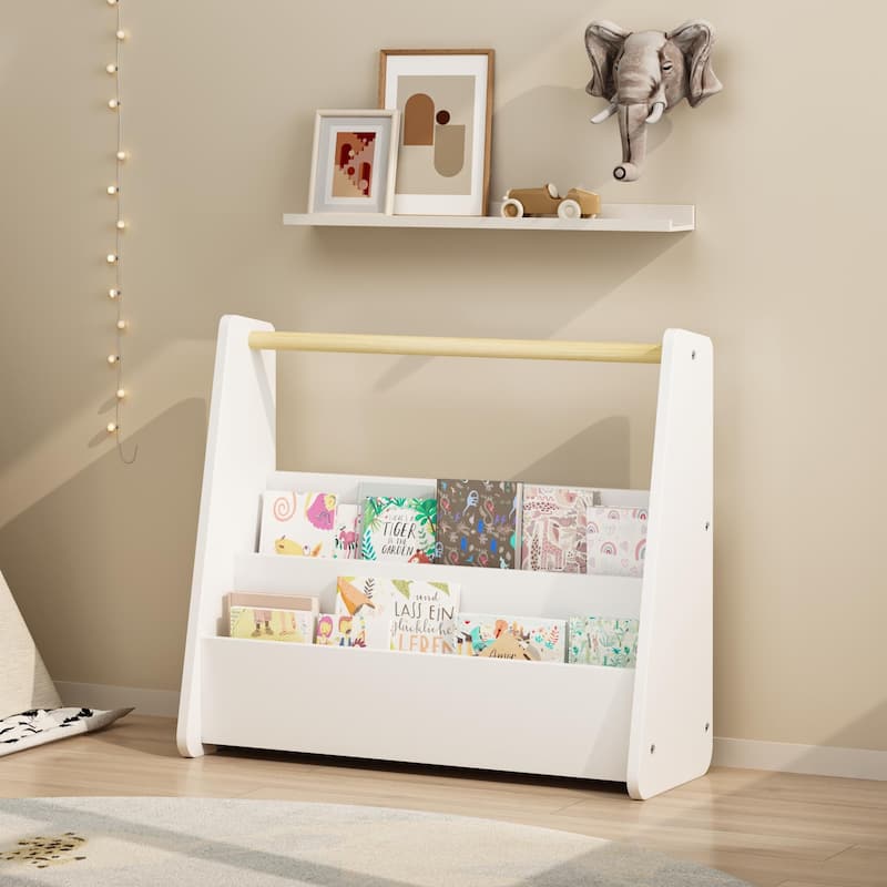 Kids Bookshelf with Wooden Handle, 2-Tier Front-Facing Toddler Bookcase, Portable Children's Book Storage Organizer for Bedroom - White