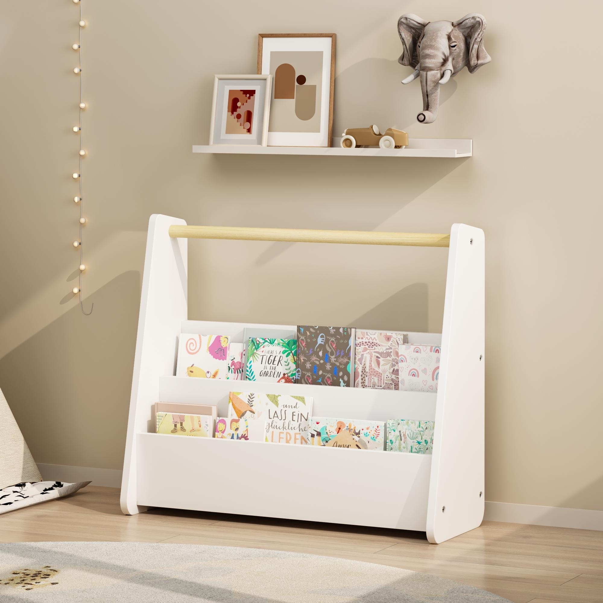 Kids Bookshelf with Wooden Handle, 2-Tier Front-Facing Toddler Bookcase, Portable Children's Book Storage Organizer for Bedroom