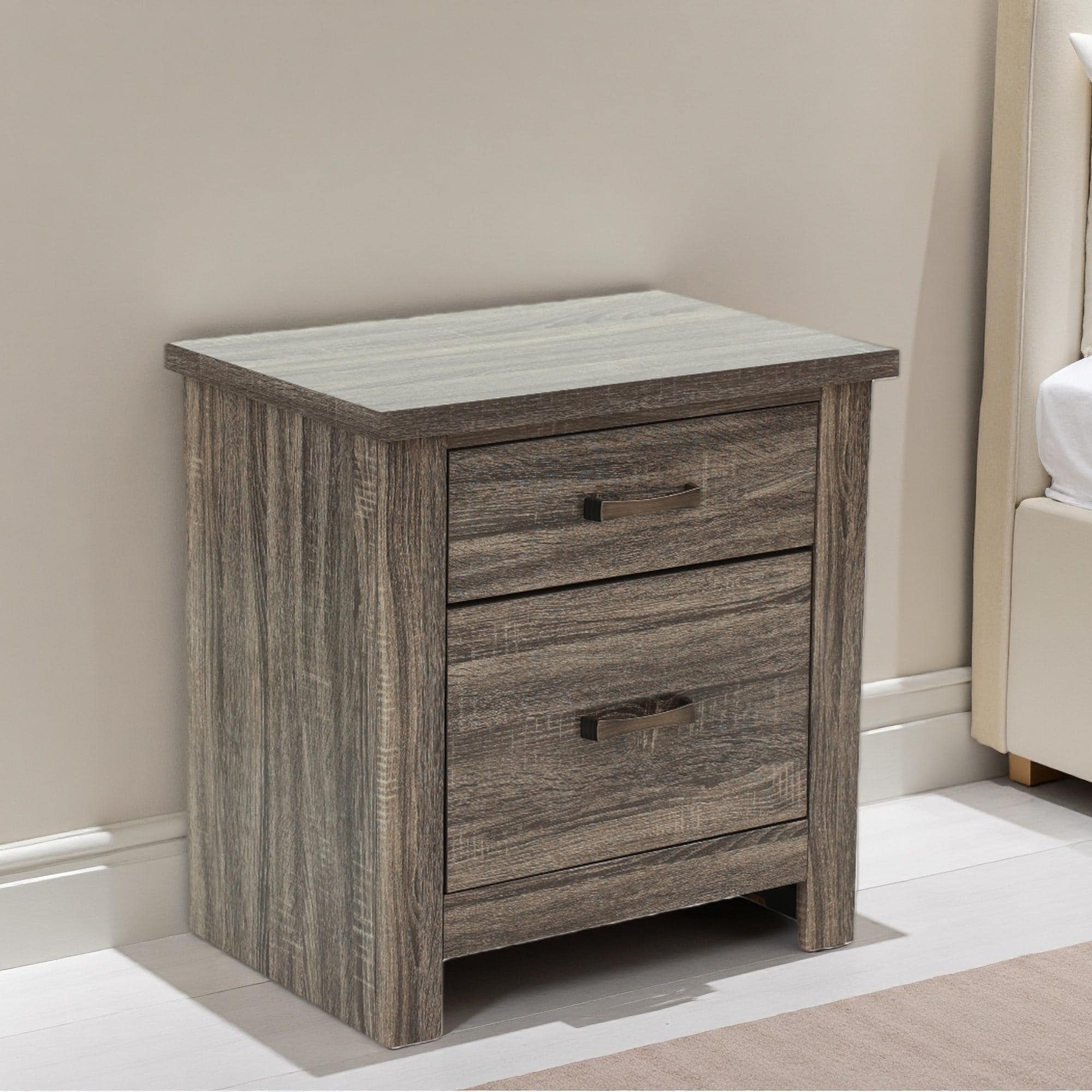 24"L 2 Drawer Oak Wood Nightstand, Modern Durable Bedside Table, 24" H