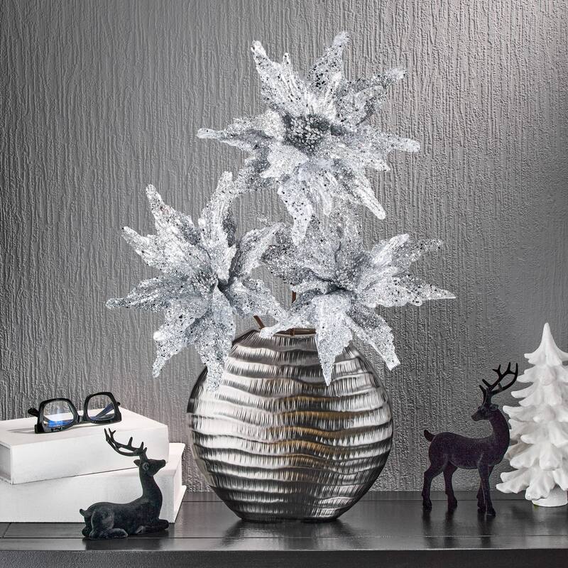 22" Sequin Glitter Poinsettia Stem - Silver