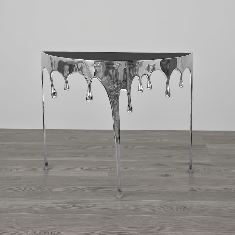 Capri Sofa Console Table, 36.25" Half Moon Glass Top, Melting Drip Design Aluminum Cast Silver