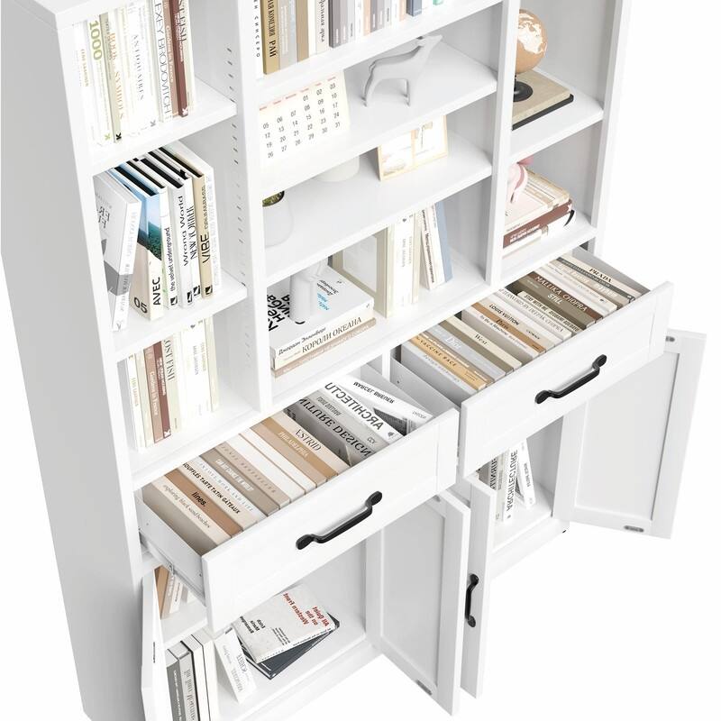 71" Tall Bookcase with Doors, Drawers and Adjustable Open Shelves