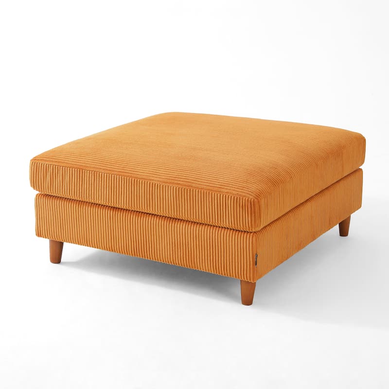 Modern Square Corduroy Upholstered Ottoman With Wood Leg - 18.4" H - Orange-S
