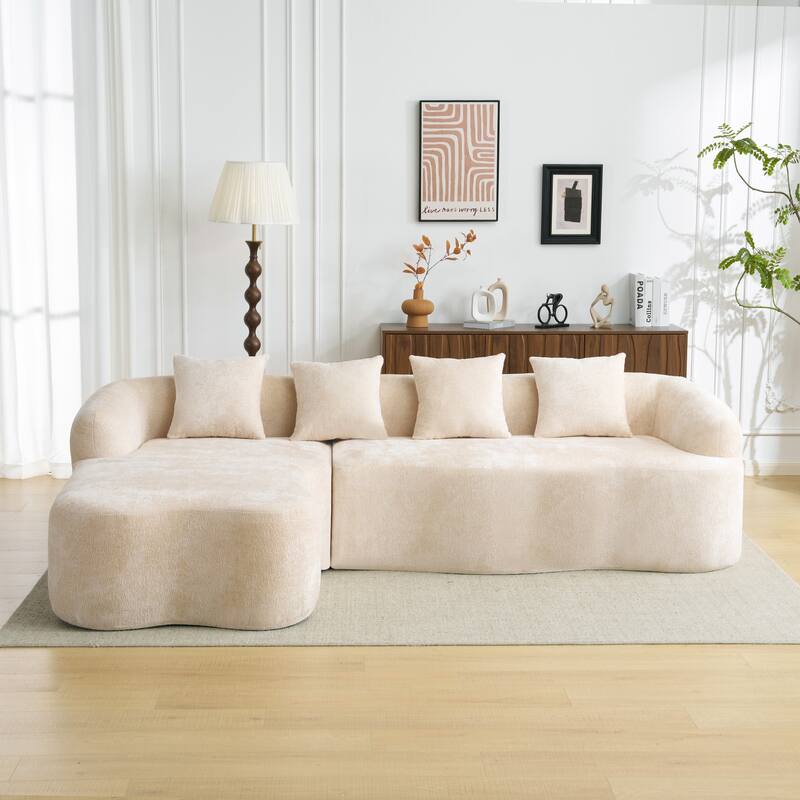 Full Compression L-Shape Sectional Sofa with Curved Chaise, Beige Modular Chenille Couch, High-Density for Apartment Living Room