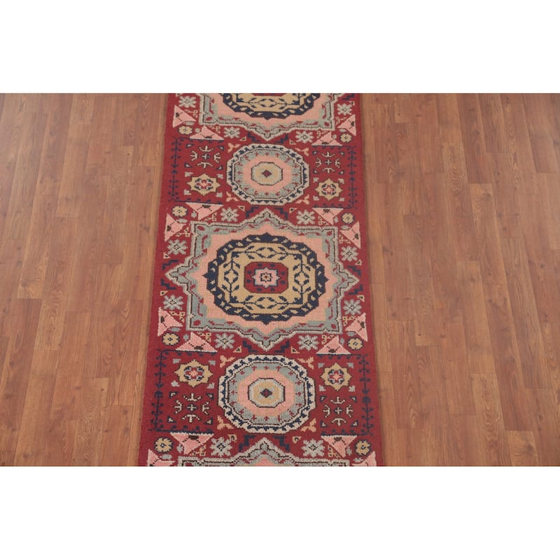 Geometric Red Kazak Oriental Runner Rug Handmade Wool Carpet - 2'5"x 8'1"
