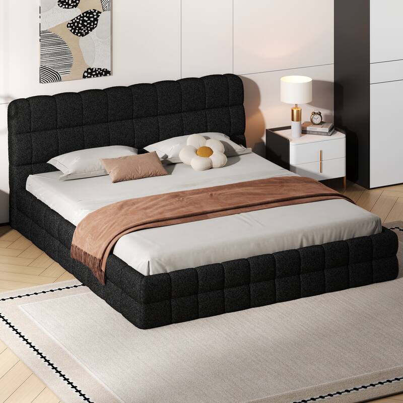 Upholstered Platform Bed with Headboard, No Box Spring Needed Low Profile Bed, Wood Slat Support Grounding Bed