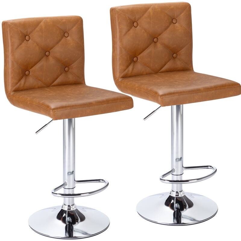 VECELO Bar Stools Set of 2 Armless Adjustable Swivel Modern PU Leather Button Barstools Four Colors are Available - Brown