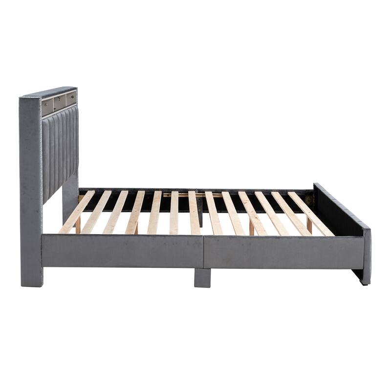 Contemporary Dark Gray Solid Wood Bed Frame with Open Compartments
