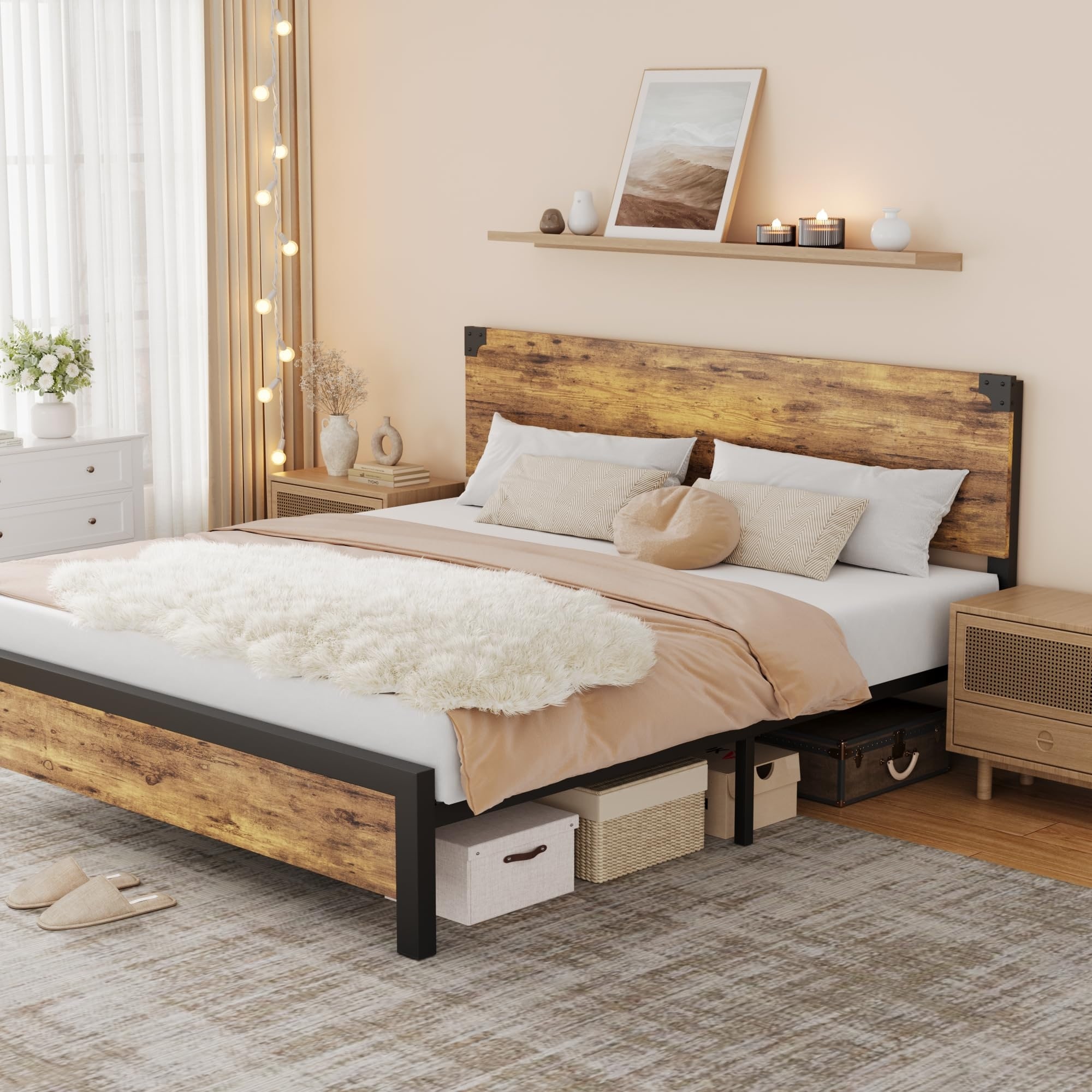 Full Size Bed Frame with Wood Headboard, Full Platform Bed Frame