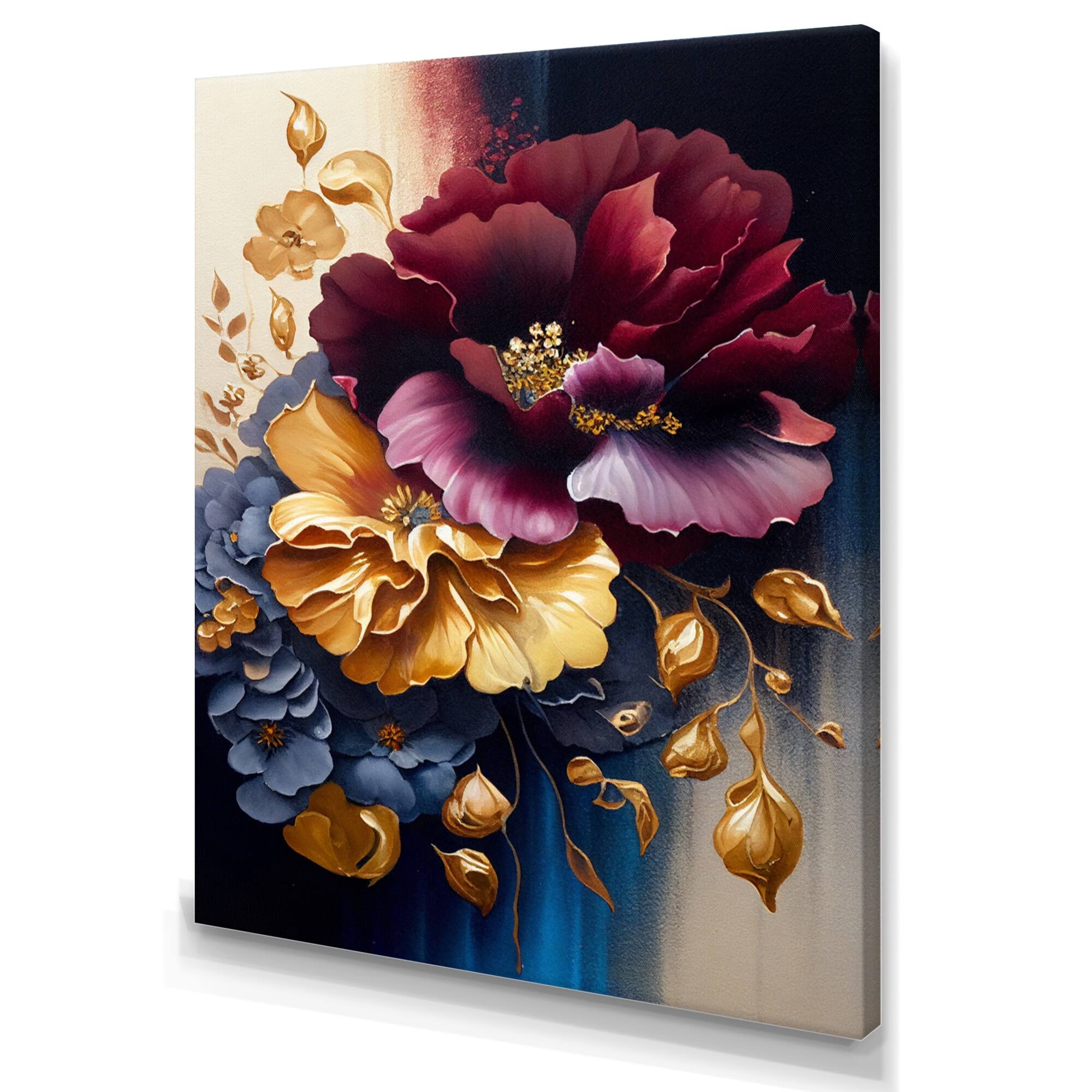 Designart 'Burgundy And Blue Floral Bunch II' Floral & Botanical Canvas ...