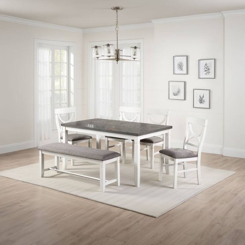 6 Piece Dining Set with Cut Out Back Chairs and Padded Bench, White and Gray