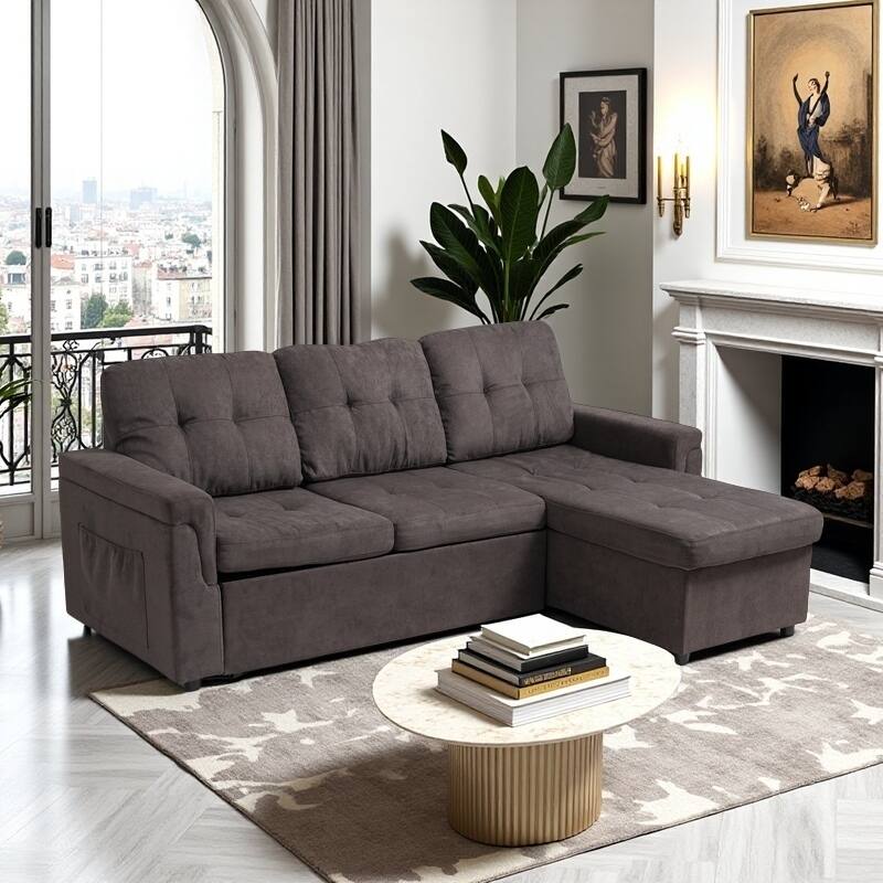 Upholstered Sleeper Sofa, L Shaped Sectional Couch with Reversible Storage, Convertible Corner Lounge Couches Pull Out Sofa bed