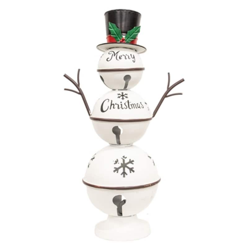 24-Inch White Metal Snowman Decoration with Merry Christmas Bells and Festive Snowflake Design - 8.50” L x 8.50” W x 24” H