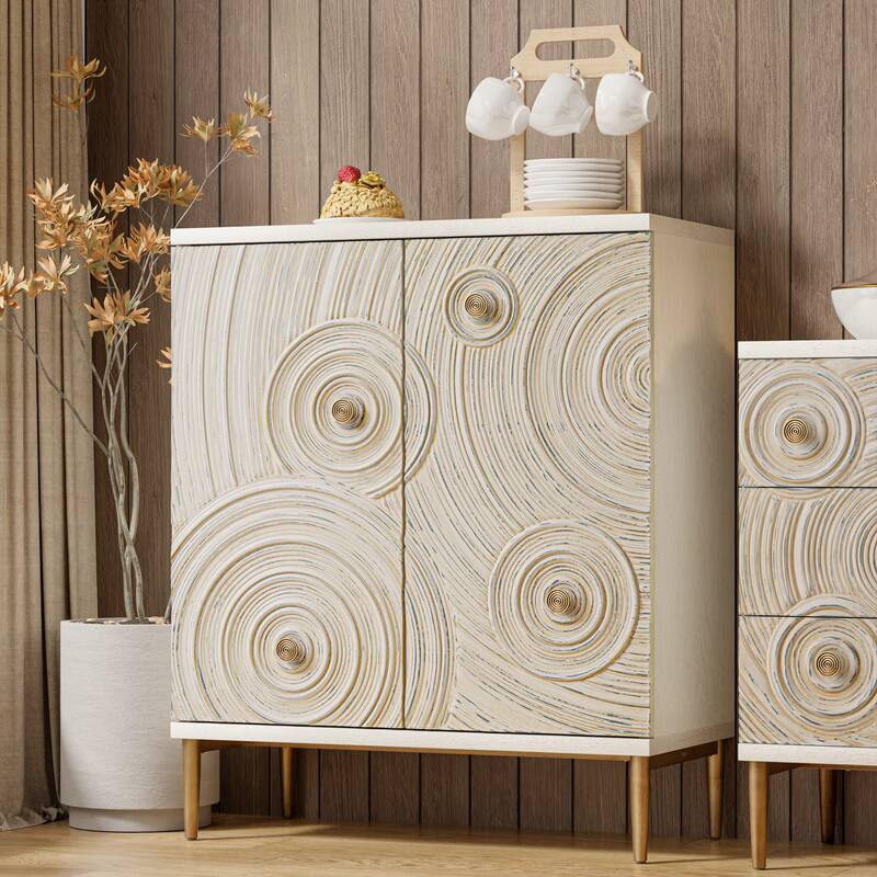 COZAYH Farmhouse 2 Door Embossed Storage Cabinet with Ring Motif, Distressed Boho Storage Buffet Cabinet
