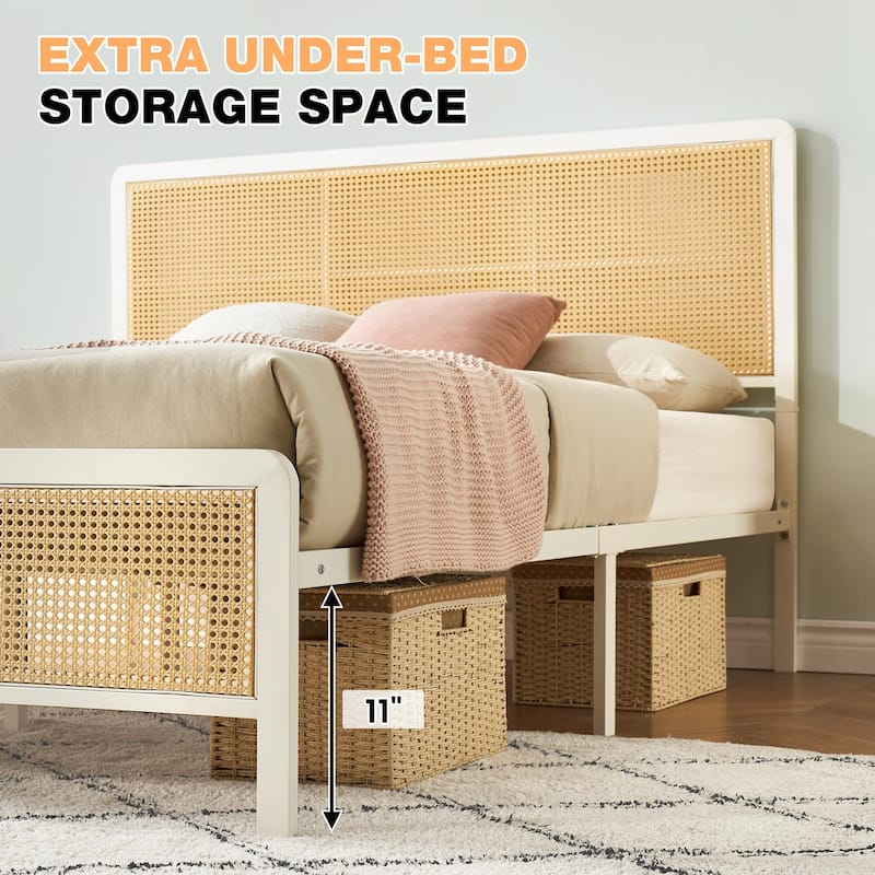Rattan Bed Frame with Headboard LED Lights and Footboard
