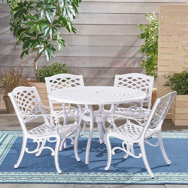 Roomfitters Outdoor Aluminum Dining Set with Lattice-Pattern Round Table and Four Armchairs for Stylish Patio Dining