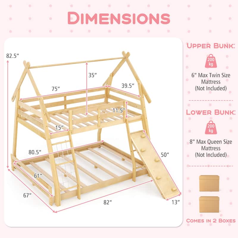 Costway Twin Over Queen Bunk Bed House Shaped Bed Frame with Climbing - See Details