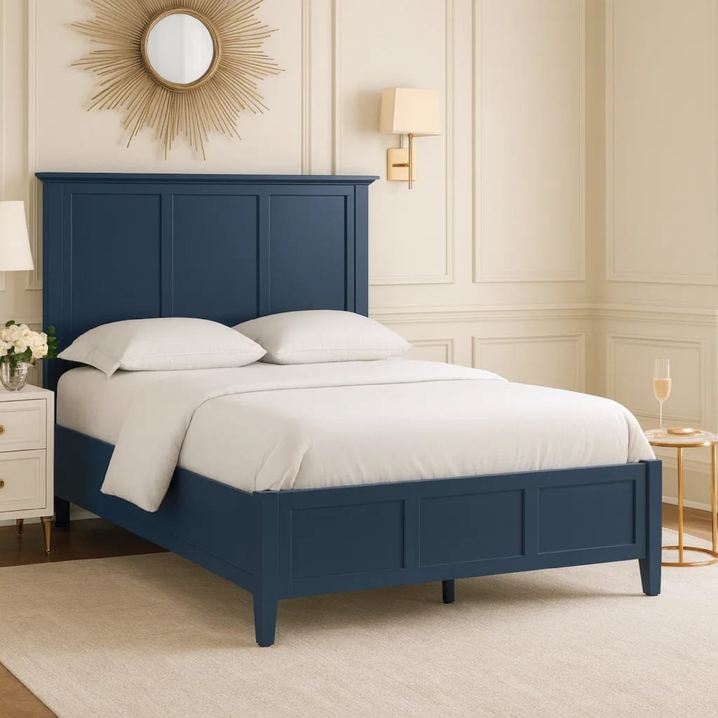 Fritz King Size Bed, Three Panel Design, Beveled Top, Solid Wood, Blue